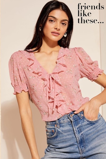 Logo Graphic Short Sleeve T-Shirt Pink Floral Ruffle Front Puff Sleeve Blouse (K87601) | £34