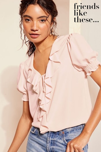 chest-pocket denim jacket Pink Ruffle Front Puff Sleeve Blouse (K87645) | £34