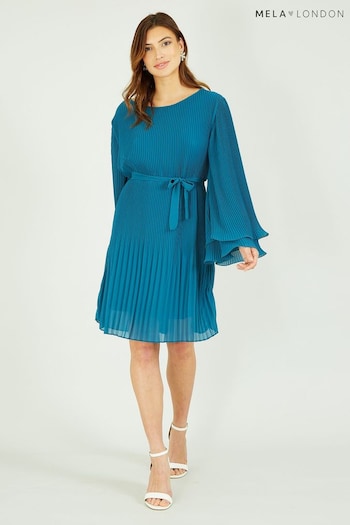 Mela Blue Pleated Dress With Double Fluted Long Sleeves (K88159) | £45
