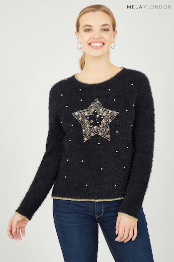Mela Black Fluffy Star Christmas Jumper (K88167) | £35