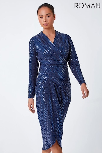 Roman Blue Sequin Wrap Midi Dress (K88169) | £55
