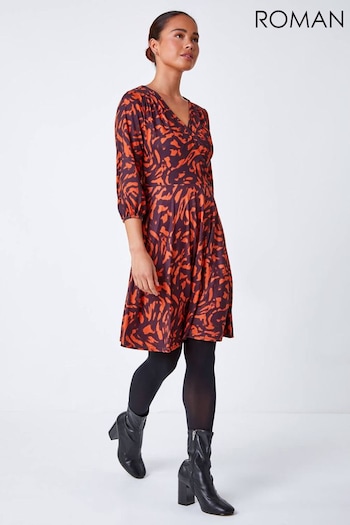 Roman Orange Abstract Print Wrap Stretch Dress (K88173) | £40