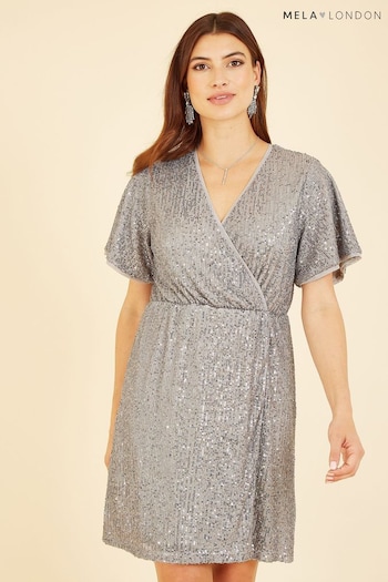Mela Silver Sequin Kimono Sleeve Wrap Dress (K88181) | £45