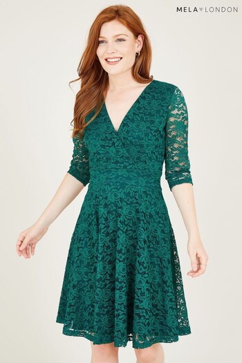 Mela Green Delicate Lace Long Sleeve Dress (K88192) | £45