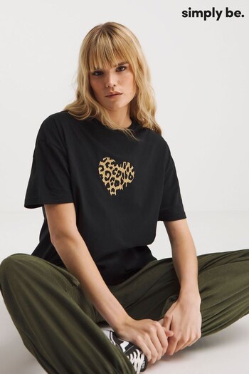 Simply Be Embroidered Leopard Heart Black T-Shirt (K88265) | £16