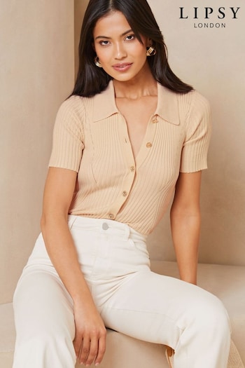 Lipsy Cream Knitted Short Sleeve Contour Collar Shirt (K88276) | £36