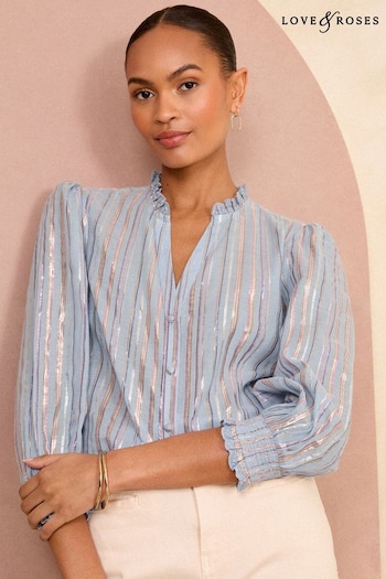 Brushes & Sponges Blue Stripe Metallic Ruffle Trim V Neck Long Sleeve Blouse (K88283) | £39