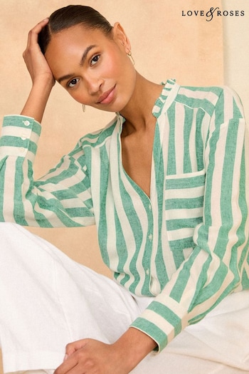 Short Pyjama Sets Green and White Viscose Linen Blend Stripe Button Through Shirt (K88287) | £35