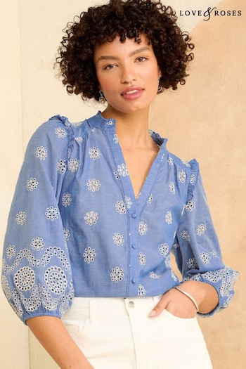 clothing women box cups Chambray Blue Broderie Ruffle V Neck 3/4 Sleeve Button Up Blouse (K88316) | £39