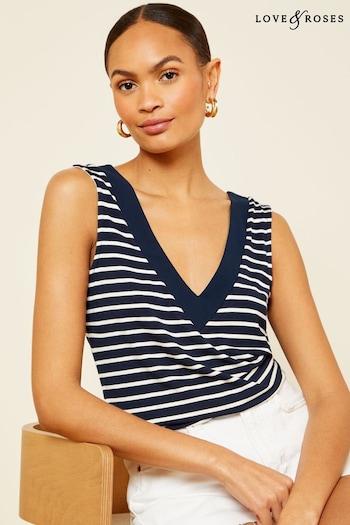 Beauty Top Picks Navy Blue Stripe Chiffon Trim Jersey V Neck Vest (K88333) | £18