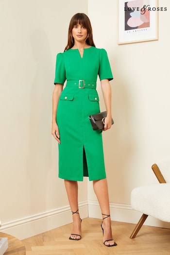 Love & Roses Green Tailored Belted V Neck Short Sleeve Midi Dress (K88429) | £54