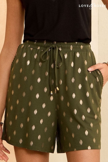 Long Green Silk Satin Dress Khaki Dash Foil Jersey Drawstring Pocket Shorts (K88552) | £24
