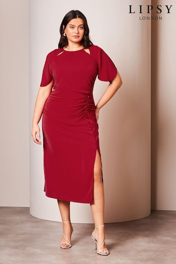 Lipsy Red Curve Ruched Button Front Sleeved Midi Dress (K88659) | £69