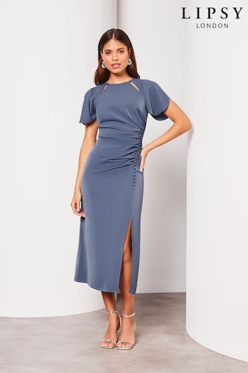 Lipsy Blue Ruched Button Front Sleeved Midi Dress (K88670) | £69
