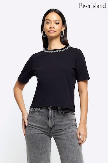 River Island Black Embellished Jeans Grazer T-Shirt (K89557) | £30