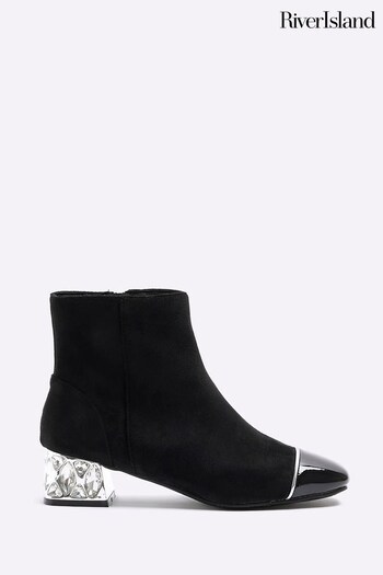 River Island Black Suedette Diamante Heel Ankle Boots con (K89600) | £50