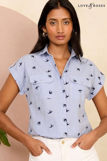 All Womens Sportswear Blue Stripe Embroidery Petite Roll Sleeve Utility Shirt (K90209) | £30