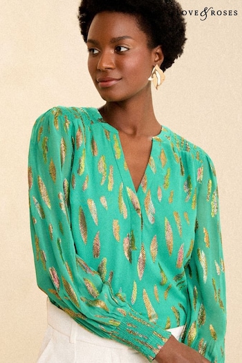 All Womens New In Green Metallic Chiffon V Neck Long Sleeve Over The Head Blouse (K90216) | £39