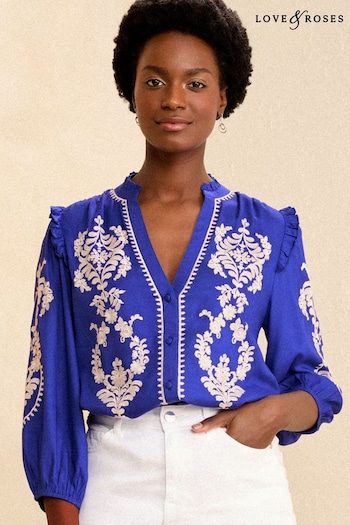 T-Shirts & Tops Blue Embroidery Ruffle V Neck 3/4 Sleeve Button Up Blouse (K90244) | £39