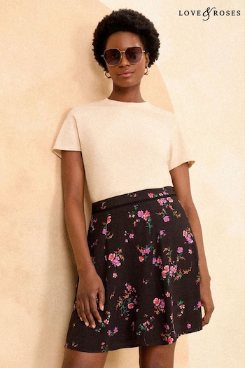 Love & Roses Black Floral Printed Lace Trim Mini Skirt (K90269) | £35