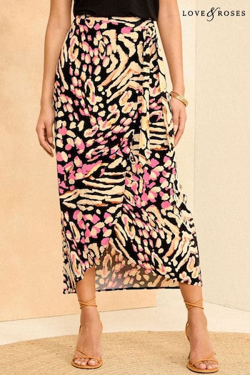 Love & Roses Black and Pink Animal Printed Jersey Midi Skirt (K90280) | £32