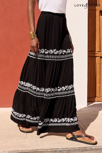 Gifts £20 & Under Black Petite Tiered Embroidered Maxi Skirt (K90308) | £45