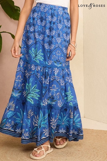 Love & Roses Blue Print Tiered Trim Detail Maxi Skirt (K90321) | £45