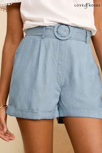 Love & Roses Navy Blue TENCEL™ Belted Shorts (K90323) | £30