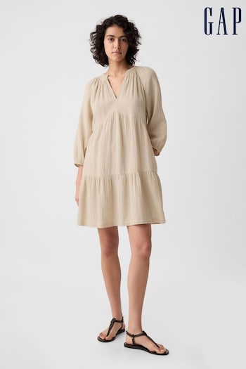 Gap Beige Crinkle Cotton Long Sleeved Tiered Mini Dress (K90648) | £40