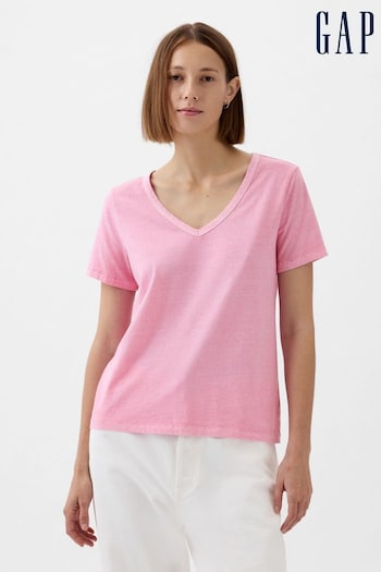 Gap Pink Organic Cotton Vintage Short Sleeve V Neck T-Shirt (K90652) | £18