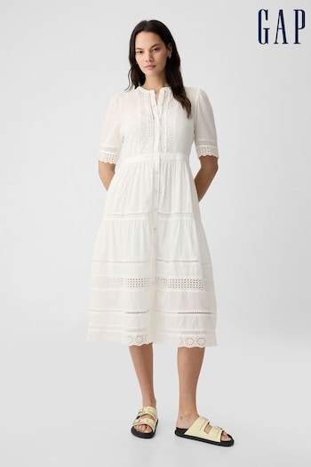 Gap White Cotton Lace Midi Waist Dress (K90660) | £70