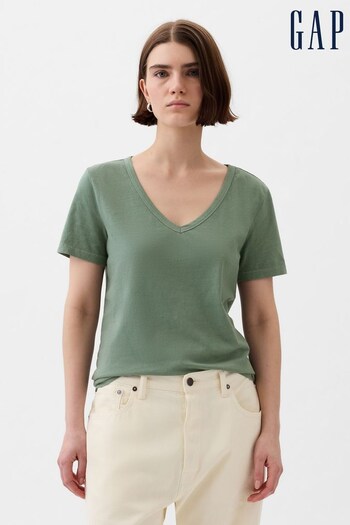 Gap Green Organic Cotton Vintage Short Sleeve V Neck T-Shirt (K90669) | £18