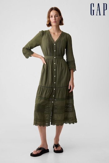 Gap Green Crinkle Cotton Lace 3/4 Sleeve Midi Dress (K90671) | £70