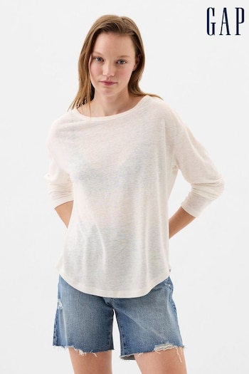 Gap Cream Linen Blend Long Sleeve Boatneck T-Shirt (K90672) | £25