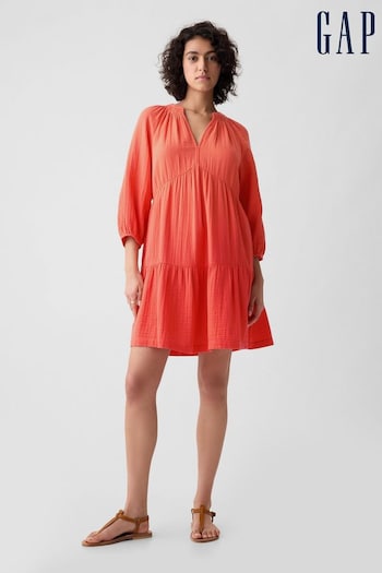 Gap Orange Crinkle Cotton Long Sleeved Tiered Mini Dress (K90674) | £40
