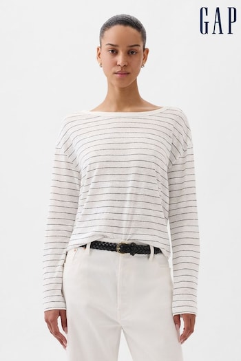 Gap White Stripe Linen Long Sleeve T-Shirt (K90677) | £30