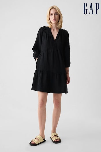 Gap Black Crinkle Cotton Long Sleeved Tiered Mini Waist Dress (K90678) | £40