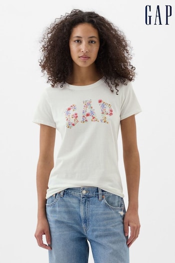 Gap White Fitted Floral Logo Short Sleeve Crew Neck T-Shirt (K90681) | £14