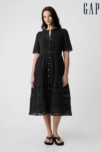 Gap Black Cotton Lace Midi ons Dress (K90687) | £70