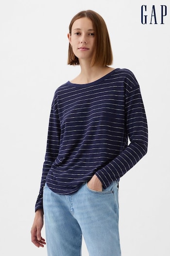 Gap Blue Linen Blend Long Sleeve Boatneck T-Shirt (K90694) | £30