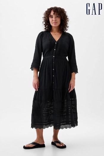 Gap Black Crinkle Cotton Lace 3/4 Sleeve Midi Dress (K90712) | £70