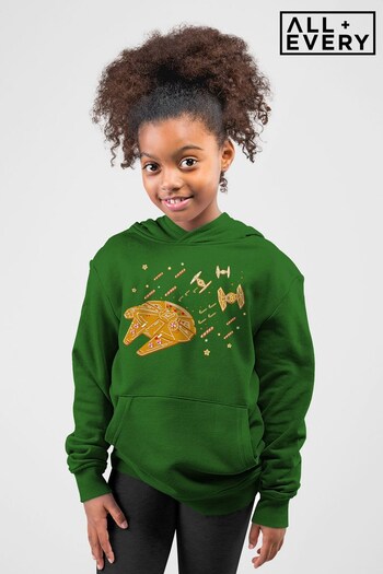 All + Every Green Star Wars Christmas Gingerbread Millenium Falcon Chase Kids Hooded Sweatshirt (K90744) | £35