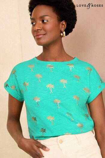 Love & Roses Green Foil Palm Print Petite Crew Neck Jersey T-Shirt (K90748) | £26