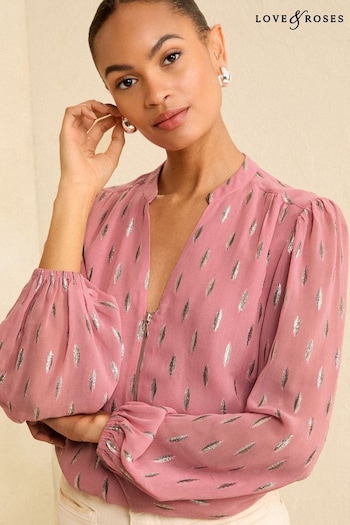 mens adidas jackets Pink Metallic Zip Front Mix Sheer Long Sleeve Blouse (K90805) | £39