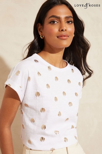 Short Sleeved Sets White Foil Shell Print Crew Neck Jersey T-Shirt (K90863) | £24