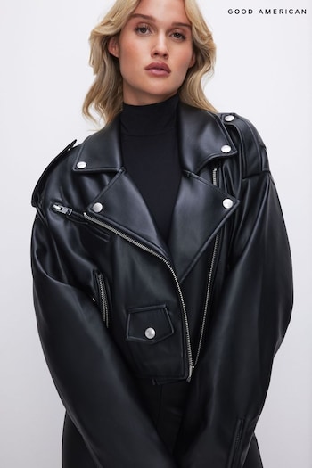 Good American Black Crop Moto Faux Leather Jacket (K90960) | £225