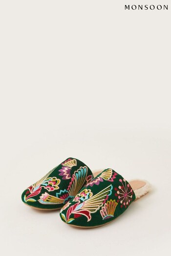 Monsoon Green Camilla Bird Embroidered Slippers (K91036) | £50