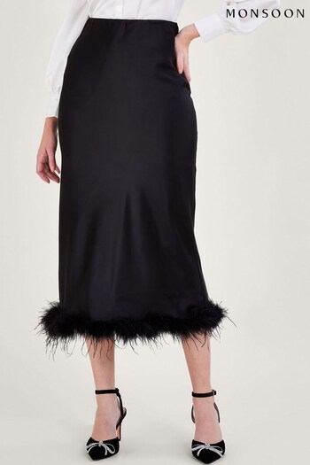 Monsoon Black Felis Satin Feather Skirt (K91037) | £90