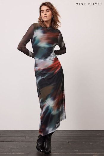 Mint Velvet Black Abstract Print Mesh Midi Dress (K91074) | £119