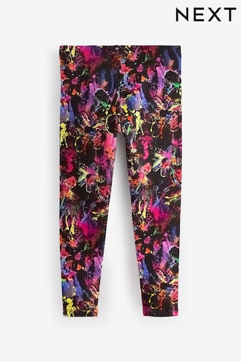 Black/Pink/Green Flower Splat Printed leggings pinstriped (3-16yrs) (K91374) | £5 - £10